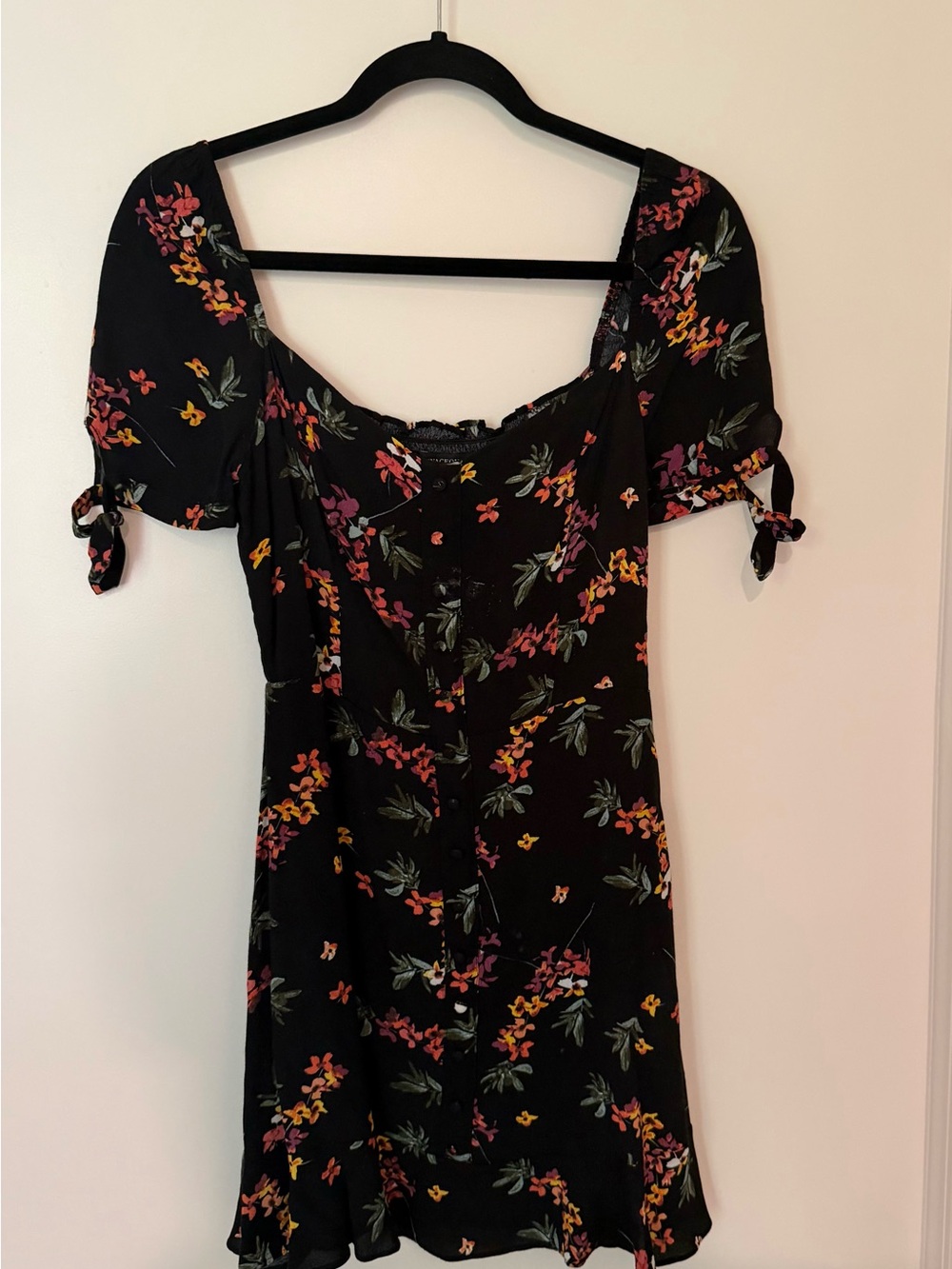 Olivaceous Black Floral Square-Neck Mini Dress with Pink & Yellow Blooms